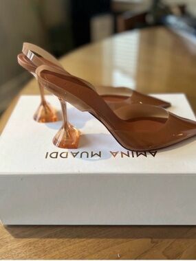 Amina Muaddi Brown Transparent Slingback Pumps with Sculptural Cone Heels